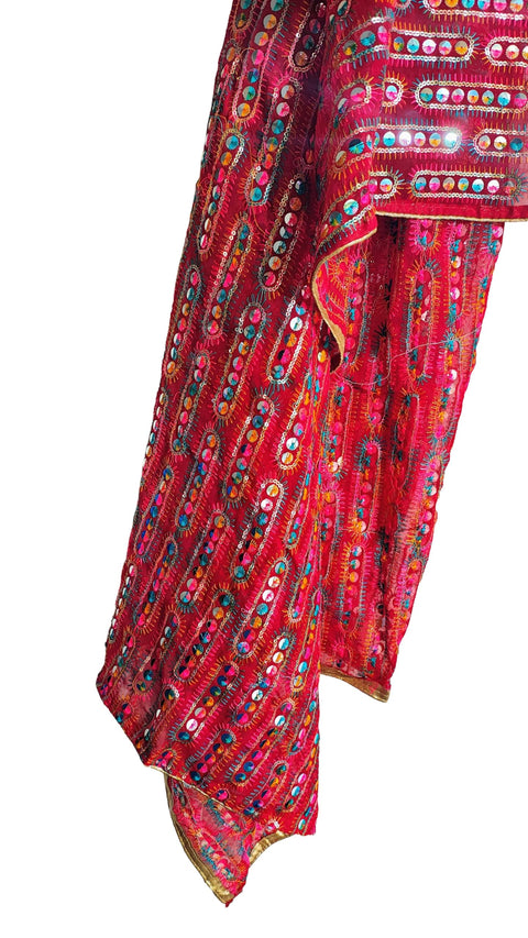 Handcrafted Mirror Work Embroidered Dupatta, Red, Cotton, Traditional Tribal Design, Ethnic Style