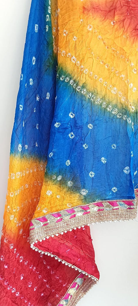 Women's Embellished Yellow, Blue and Yellow colour Dupatta: A Touch of Silk & Shimmer Bandhani Work Size 190X98X3