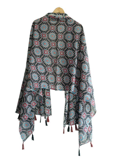 Traditional Ajrakh Print Cotton Stole, Black, Mandala Pattern with Tassels