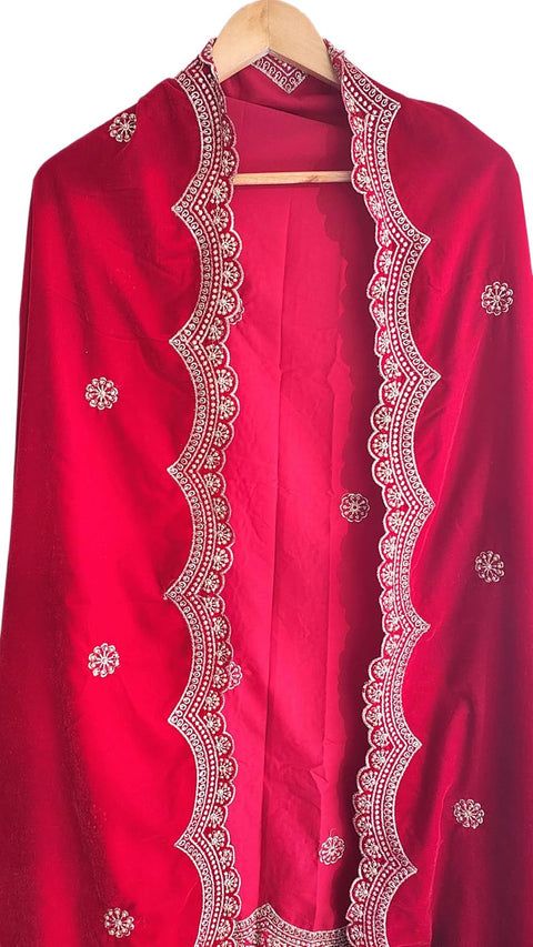 Luxury Micro-Velvet Embroidered Dupatta for Women | Heavy Scalloped Cutwork Border with Butti Work
