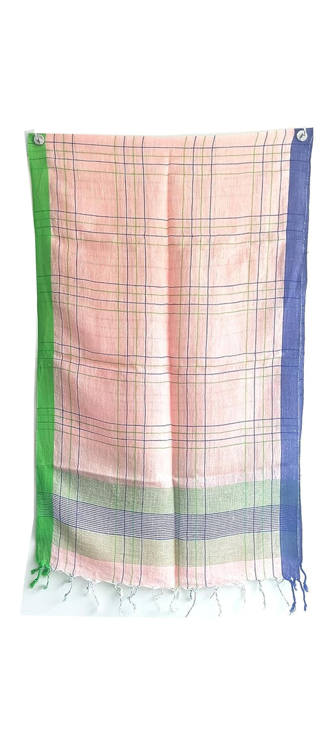 Blue Pink Cheks Pure Linen Soft Stole Size 55 X 190 Cm