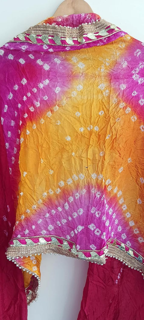 Women's Embellished Red, Pink And Yellow colour Dupatta: A Touch of Silk & Shimmer Bandhani Work Size 190X98X3