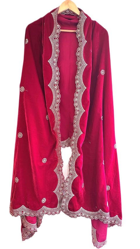 Luxury Micro-Velvet Embroidered Dupatta for Women | Heavy Scalloped Cutwork Border with Butti Work