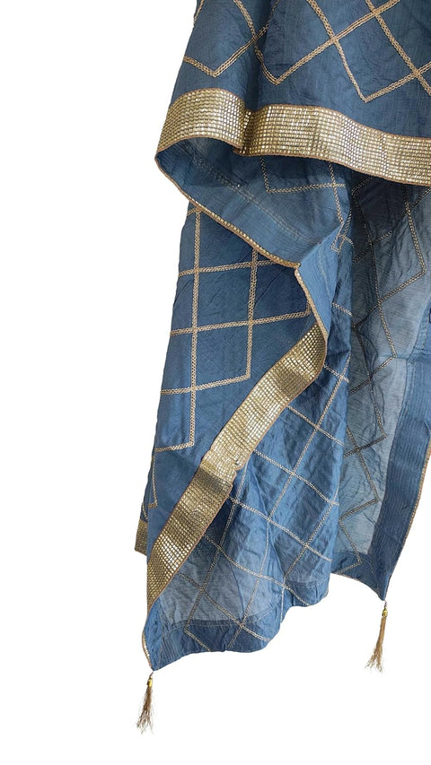 Indis Scarves Silk Embroidery Dupatta with Gold Grid Pattern, Traditional Ethnic Shawl Wrap with Tassel Detail