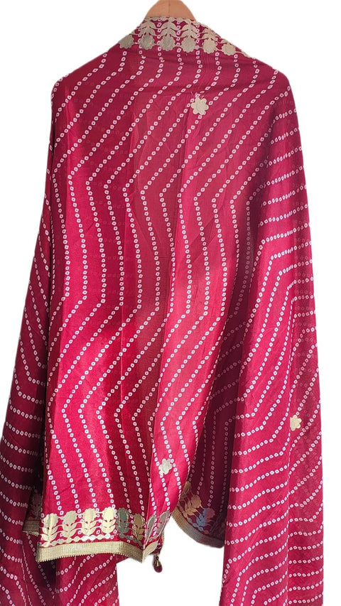 Bandhani Print Dupatta with Golden Floral Lace Border, Lightweight Ethnic Silk for Women