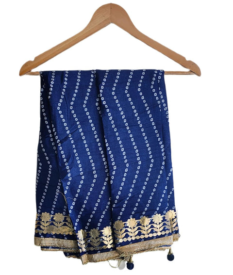 Bandhani Print Dupatta with Golden Floral Lace Border, Lightweight Ethnic Silk for Women