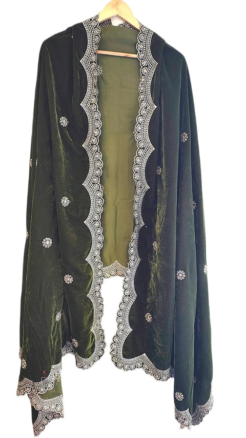 Luxury Micro-Velvet Embroidered Dupatta for Women | Heavy Scalloped Cutwork Border with Butti Work