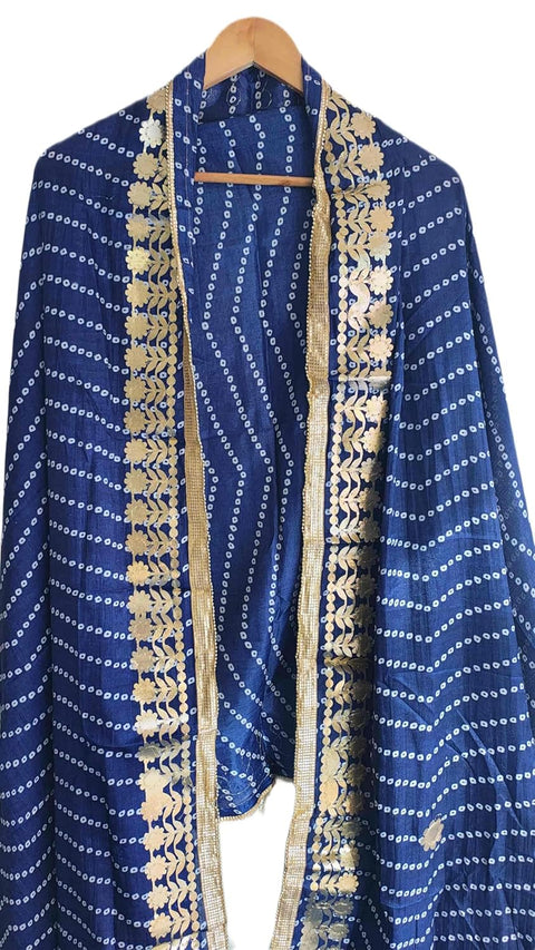 Bandhani Print Dupatta with Golden Floral Lace Border, Lightweight Ethnic Silk for Women