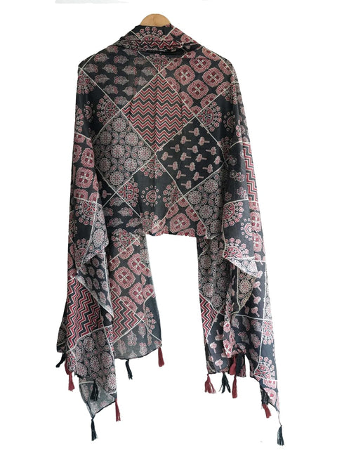 Traditional Ajrakh Print Cotton Stole, Black, Mandala Pattern with Tassels