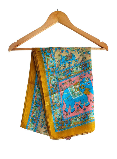 Silk Stole, Prints Multi Color, 51 cm Width x 65 cm Length, Lightweight(Yellow And Blue)