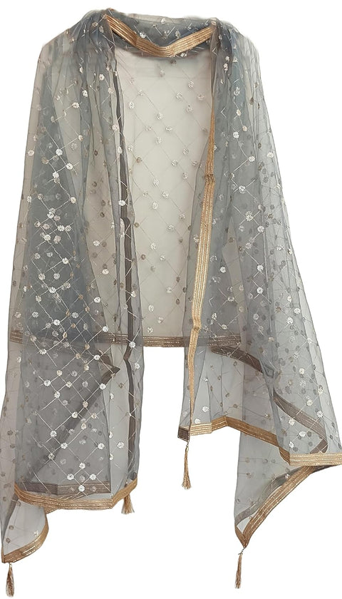 Traditional Embroidered Net Dupatta with Golden Border, Red Sequined Scarf, Diamond Pattern Dupatta, Chunni