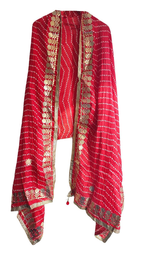 Bandhani Print Dupatta with Golden Floral Lace Border, Lightweight Ethnic Silk for Women