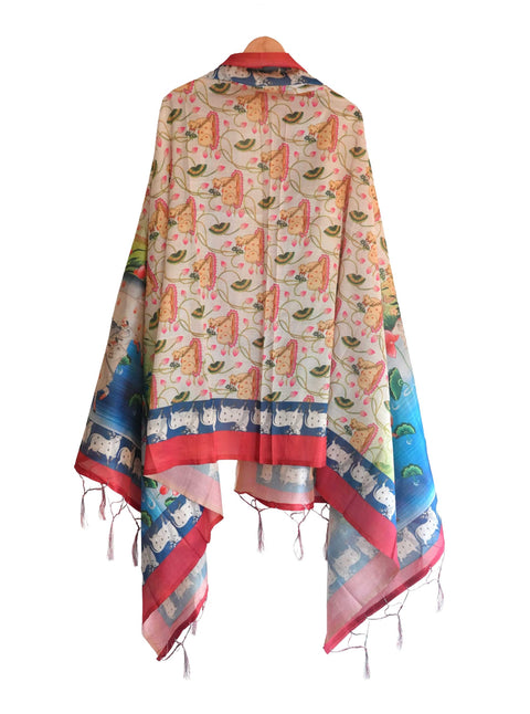 Assam Silk Traditional Dupatta with Multicolor Multi moti Motif | Ethnic Printed Cotton Dupatta with Tassels