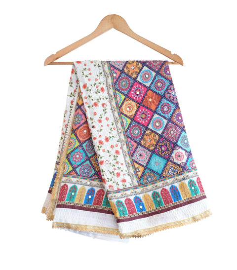 Chinon Pakistani Mirror Work Dupatta, Traditional Embellished Dupatta with Decorative Detailing
