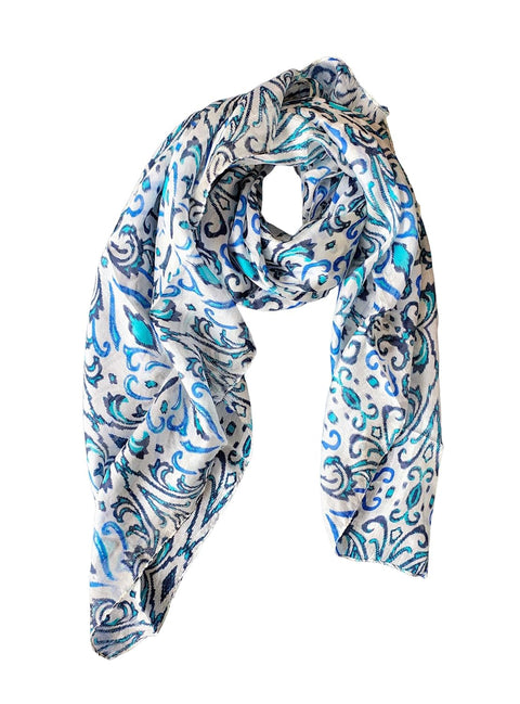 Floral Paisley Print Silk Scarf, Light Weight Square Neck Wrap, Blue and Orange Border Pattern, 100x100 cm