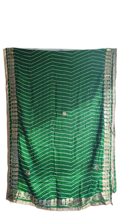Bandhani Print Dupatta with Golden Floral Lace Border, Lightweight Ethnic Silk for Women