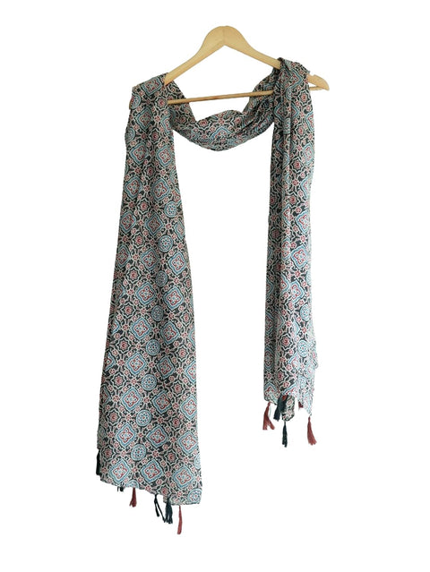 Traditional Ajrakh Print Cotton Stole, Black, Mandala Pattern with Tassels