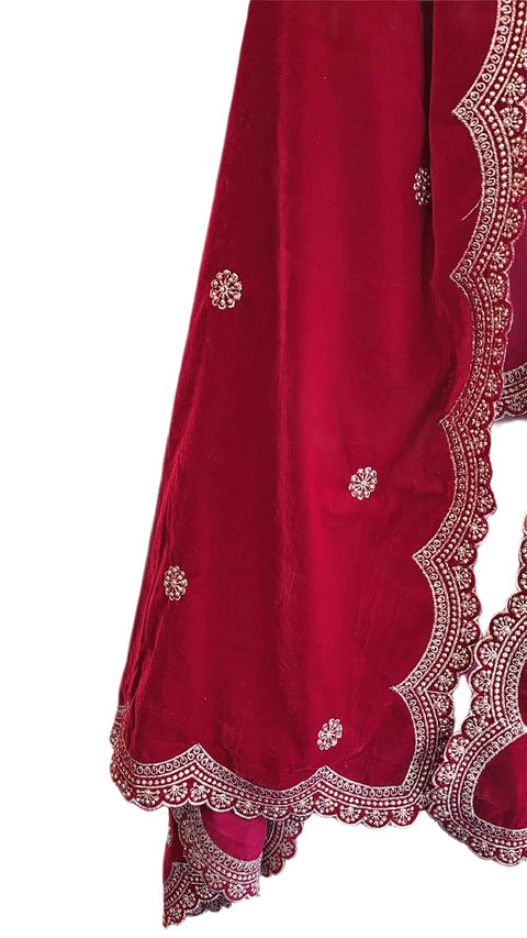 Luxury Micro-Velvet Embroidered Dupatta for Women | Heavy Scalloped Cutwork Border with Butti Work