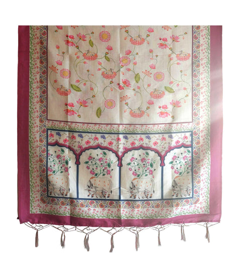 Assam Silk Traditional Dupatta with Multicolor Multi moti Motif | Ethnic Printed Cotton Dupatta with Tassels