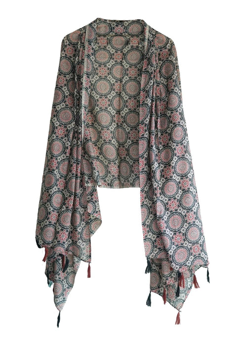 Traditional Ajrakh Print Cotton Stole, Black, Mandala Pattern with Tassels