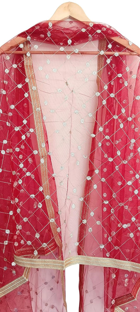 Traditional Embroidered Net Dupatta with Golden Border, Red Sequined Scarf, Diamond Pattern Dupatta, Chunni
