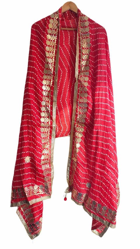 Bandhani Print Dupatta with Golden Floral Lace Border, Lightweight Ethnic Silk for Women