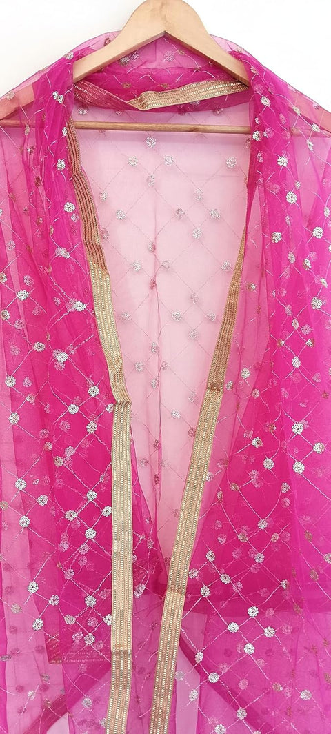 Traditional Embroidered Net Dupatta with Golden Border, Red Sequined Scarf, Diamond Pattern Dupatta, Chunni
