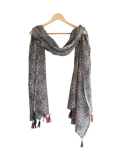 Traditional Ajrakh Print Cotton Stole, Black, Mandala Pattern with Tassels