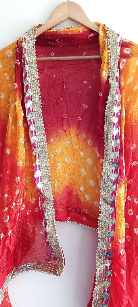 Women's Embellished Yellow And Red colour Dupatta: A Touch of Silk & Shimmer Bandhani Work Size 190X98X3