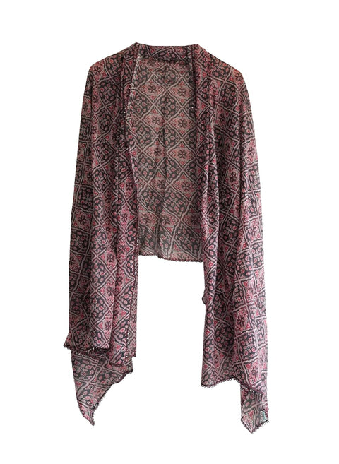 Traditional Ajrakh Print Cotton Stole, Colour 10, Mandala Pattern with Tassels