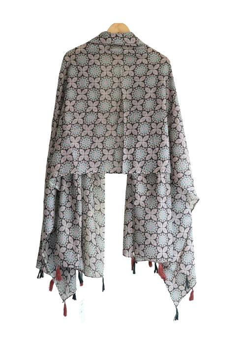 Traditional Ajrakh Print Cotton Stole, Black, Mandala Pattern with Tassels