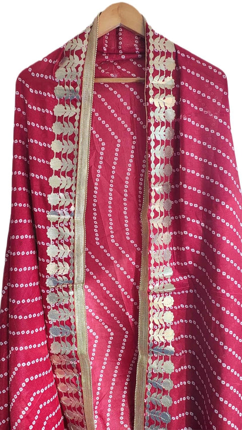 Bandhani Print Dupatta with Golden Floral Lace Border, Lightweight Ethnic Silk for Women