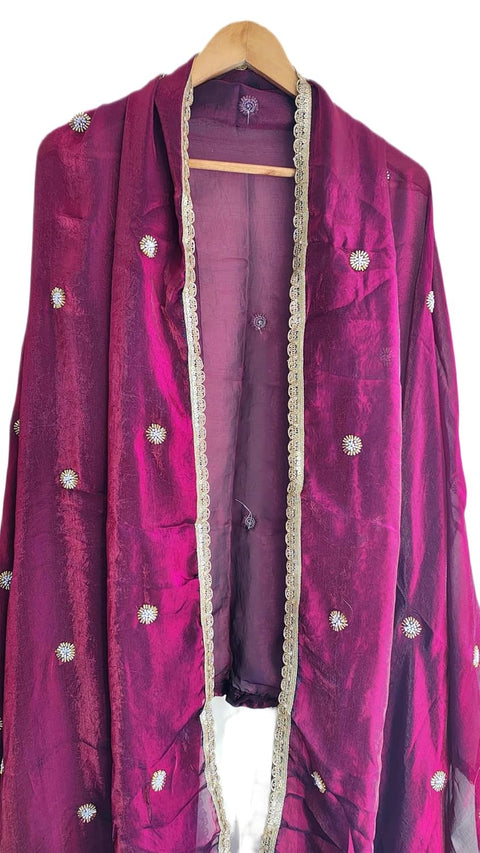 Fendi Fabric Dupatta with Bead Floral Work, Gota Lace Border