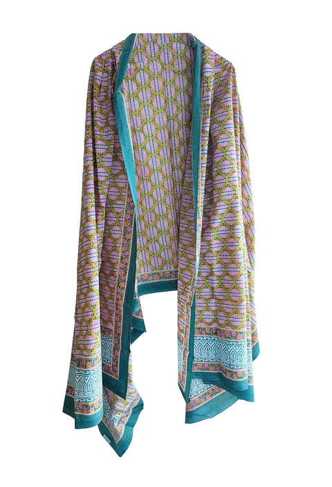 Hand Block Printed Bagru Dupatta in Pure Cotton Malmal(Pink And Green Color)