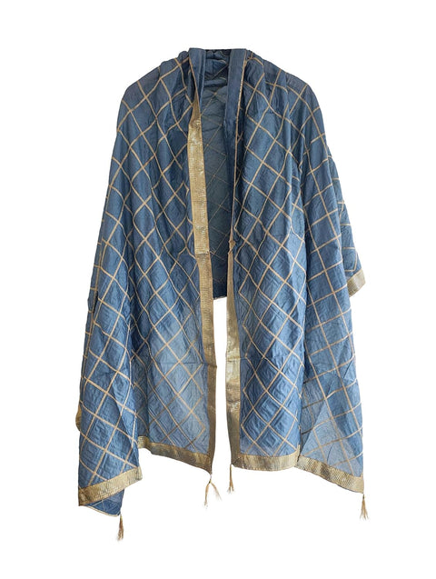 Indis Scarves Silk Embroidery Dupatta with Gold Grid Pattern, Traditional Ethnic Shawl Wrap with Tassel Detail