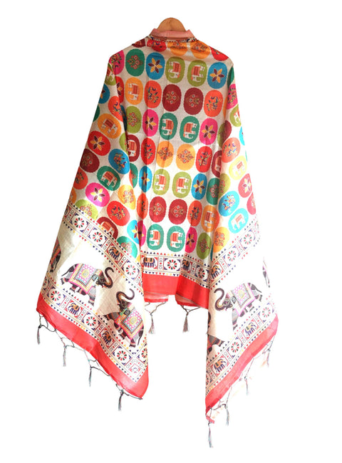 Assam Silk Traditional Dupatta with Multicolor Multi moti Motif | Ethnic Printed Cotton Dupatta with Tassels
