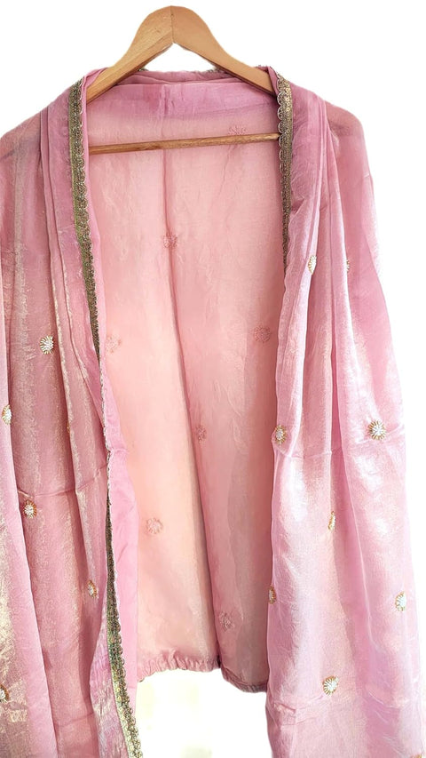 Fendi Fabric Dupatta with Bead Floral Work, Gota Lace Border