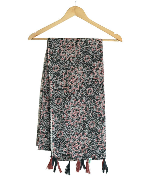 Traditional Ajrakh Print Cotton Stole, Black, Mandala Pattern with Tassels