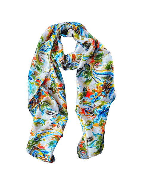 Silk Stole, Prints Multi Color, 51 cm Width x 65 cm Length, Lightweight(Blue Green And White)