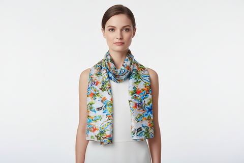 Woman wearing a colorful scarf with a white background