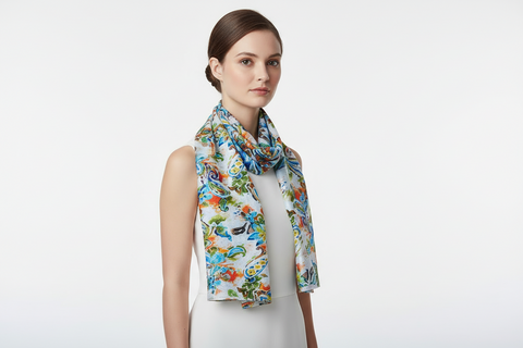 Silk Stole, Prints Multi Color, 51 cm Width x 65 cm Length, Lightweight(Blue Green And White)