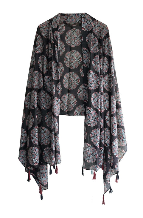 Traditional Ajrakh Print Cotton Stole, Black, Mandala Pattern with Tassels
