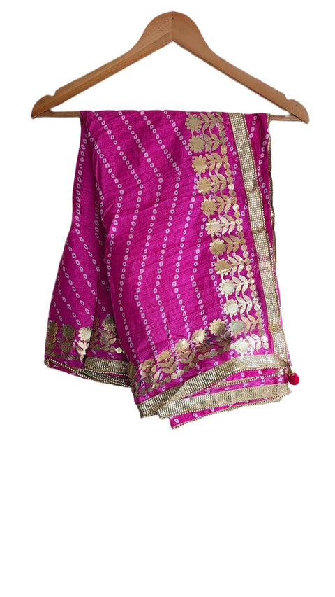 Bandhani Print Dupatta with Golden Floral Lace Border, Lightweight Ethnic Silk for Women