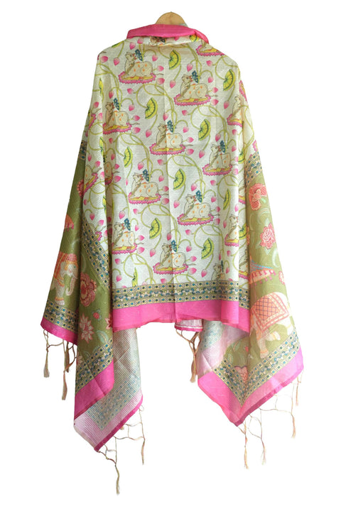 Assam Traditional Dupatta with Multicolor Multi moti Motif | Ethnic Printed Cotton Dupatta with Tassels