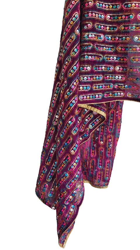 Handcrafted Mirror Work Embroidered Dupatta, Red, Cotton, Traditional Tribal Design, Ethnic Style
