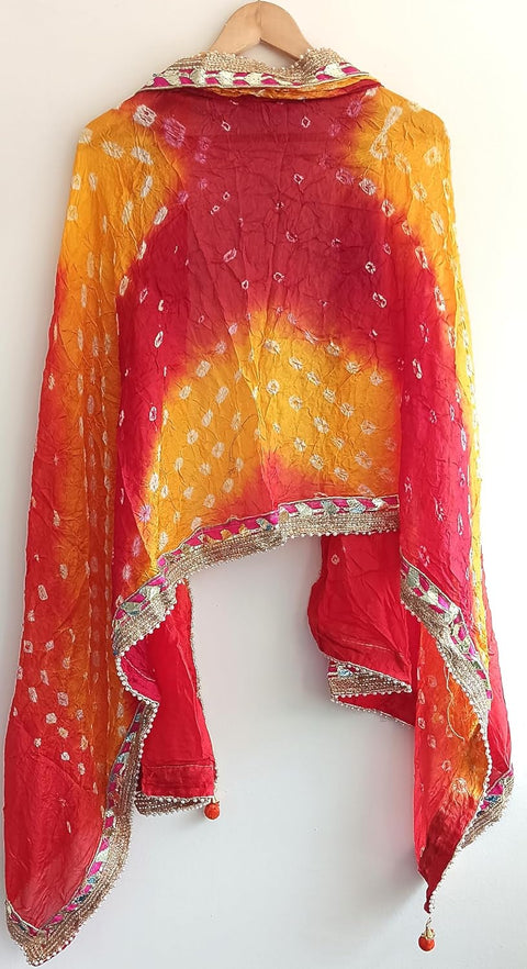 Women's Embellished Yellow And Red colour Dupatta: A Touch of Silk & Shimmer Bandhani Work Size 190X98X3