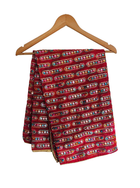 Handcrafted Mirror Work Embroidered Dupatta, Red, Cotton, Traditional Tribal Design, Ethnic Style