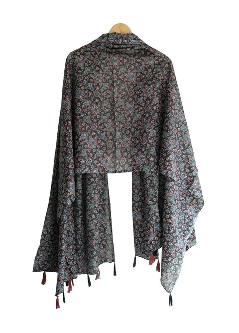 Traditional Ajrakh Print Cotton Stole, Black, Mandala Pattern with Tassels