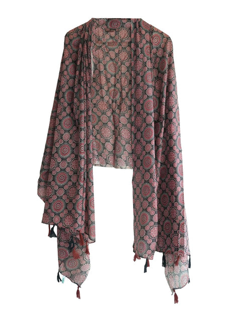Traditional Ajrakh Print Cotton Stole, Black, Mandala Pattern with Tassels