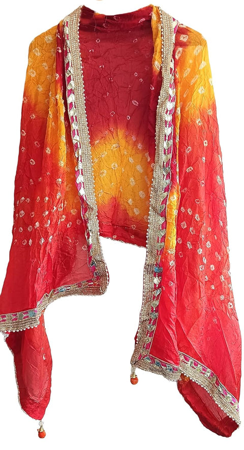 Women's Embellished Yellow And Red colour Dupatta: A Touch of Silk & Shimmer Bandhani Work Size 190X98X3